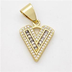 Copper Pendant Pave Zirconia Letter-V Gold Plated, approx 13-18mm