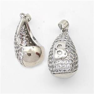 Copper Teardrop Pendant Pave Zirconia Letter-B Hollow Platinum Plated, approx 14-24mm