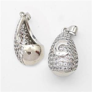 Copper Teardrop Pendant Pave Zirconia Letter-C Hollow Platinum Plated, approx 14-24mm