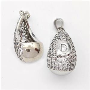 Copper Teardrop Pendant Pave Zirconia Letter-D Hollow Platinum Plated, approx 14-24mm