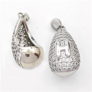 Copper Teardrop Pendant Pave Zirconia Letter-H Hollow Platinum Plated, approx 14-24mm