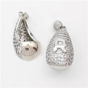 Copper Teardrop Pendant Pave Zirconia Letter-R Hollow Platinum Plated, approx 14-24mm