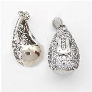 Copper Teardrop Pendant Pave Zirconia Letter-U Hollow Platinum Plated, approx 14-24mm