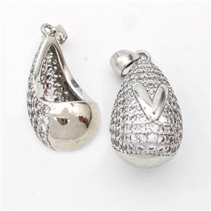 Copper Teardrop Pendant Pave Zirconia Letter-V Hollow Platinum Plated, approx 14-24mm