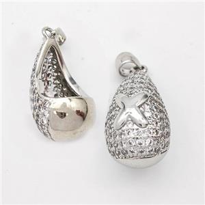 Copper Teardrop Pendant Pave Zirconia Letter-X Hollow Platinum Plated, approx 14-24mm