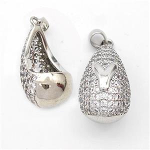 Copper Teardrop Pendant Pave Zirconia Letter-Y Hollow Platinum Plated, approx 14-24mm