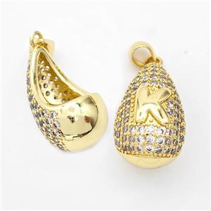 Copper Teardrop Pendant Pave Zirconia Letter-K Hollow Gold Plated, approx 14-24mm