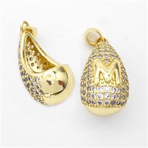 Copper Teardrop Pendant Pave Zirconia Letter-M Hollow Gold Plated, approx 14-24mm