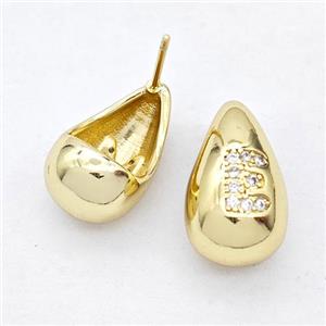 Copper Teardrop Stud Earring Pave Zirconia Letter-E Gold Plated, approx 11-18mm