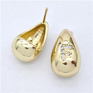 Copper Teardrop Stud Earring Pave Zirconia Letter-F Gold Plated, approx 11-18mm