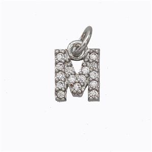 Copper Pendant Pave Zirconia Letter-M Platinum Plated, approx 6-9mm