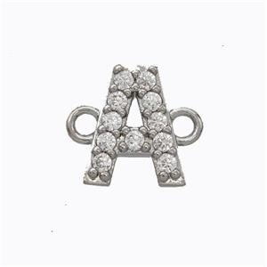 Copper Connector Pave Zirconia Letter-A Platinum Plated, approx 8-9mm