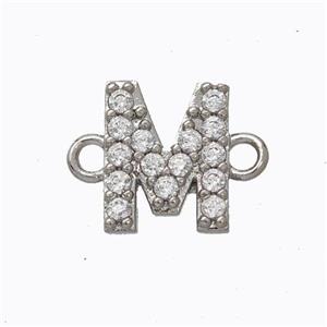 Copper Connector Pave Zirconia Letter-M Platinum Plated, approx 8-9mm