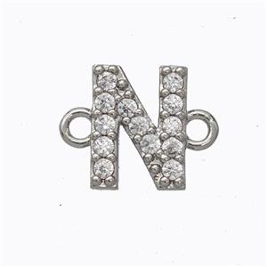 Copper Connector Pave Zirconia Letter-N Platinum Plated, approx 8-9mm