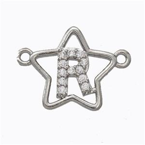 Copper Star Pendant Pave Zirconia Letter-R Platinum Plated, approx 16mm