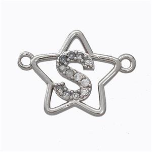 Copper Star Pendant Pave Zirconia Letter-S Platinum Plated, approx 16mm