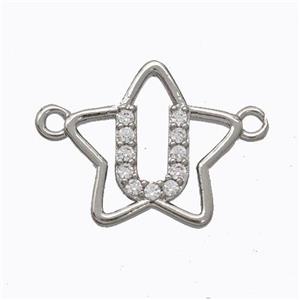 Copper Star Pendant Pave Zirconia Letter-U Platinum Plated, approx 16mm