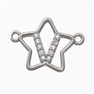 Copper Star Pendant Pave Zirconia Letter-V Platinum Plated, approx 16mm