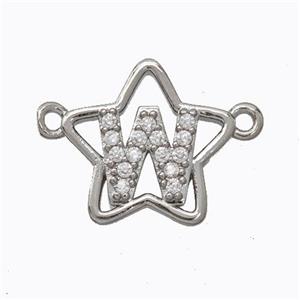 Copper Star Pendant Pave Zirconia Letter-W Platinum Plated, approx 16mm