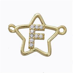 Copper Star Pendant Pave Zirconia Letter-F Gold Plated, approx 16mm