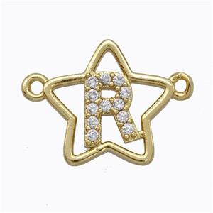 Copper Star Pendant Pave Zirconia Letter-R Gold Plated, approx 16mm