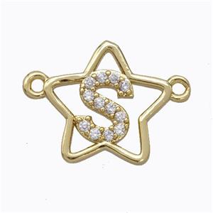 Copper Star Pendant Pave Zirconia Letter-S Gold Plated, approx 16mm