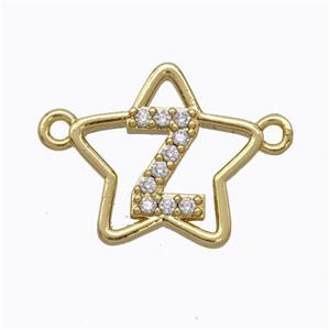 Copper Star Pendant Pave Zirconia Letter-Z Gold Plated, approx 16mm