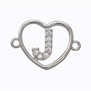 Copper Heart Connector Pave Zirconia Letter-J Platinum Plated, approx 15.5mm