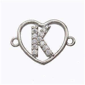 Copper Heart Connector Pave Zirconia Letter-K Platinum Plated, approx 15.5mm