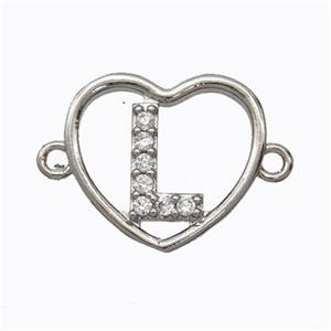 Copper Heart Connector Pave Zirconia Letter-L Platinum Plated, approx 15.5mm