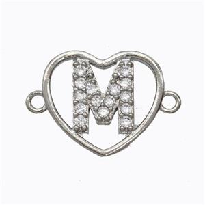 Copper Heart Connector Pave Zirconia Letter-M Platinum Plated, approx 15.5mm