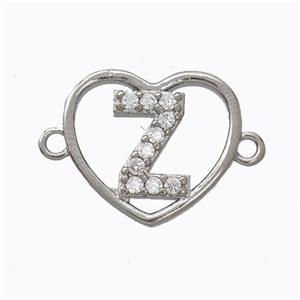 Copper Heart Connector Pave Zirconia Letter-Z Platinum Plated, approx 15.5mm