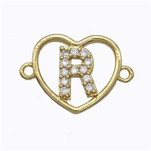 Copper Heart Connector Pave Zirconia Letter-R Gold Plated, approx 15.5mm