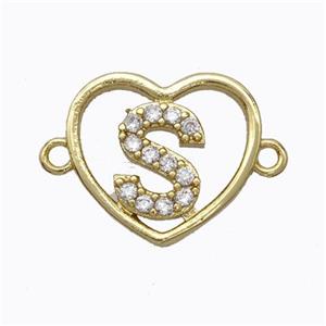 Copper Heart Connector Pave Zirconia Letter-S Gold Plated, approx 15.5mm