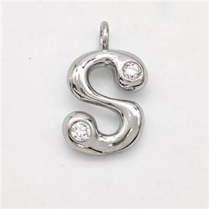 Copper Letter-S Pendant Pave Zirconia Platinum Plated, approx 15-18mm