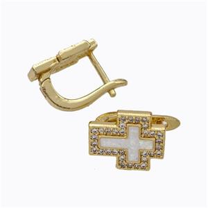 Copper Cross Latchback Earrings Pave Zirconia White Fire Opal 18K Gold Plated, approx 10-12mm