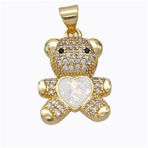 Copper Bear Pendant Micropave Zirconia White Fire Opal Heart 18K Gold Plated, approx 15-18mm