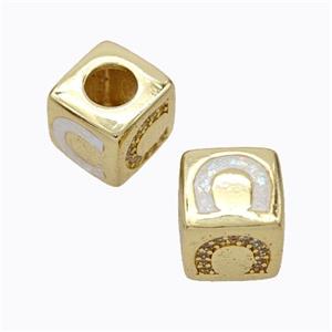 Copper Cube Beads Pave Zirconia Fire Opal Horseshoe Large Hole 18K Gold Plated, approx 10x10mm, 5mm hole