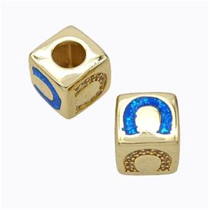 Copper Cube Beads Pave Zirconia Fire Opal Horseshoe Large Hole 18K Gold Plated, approx 10x10mm, 5mm hole