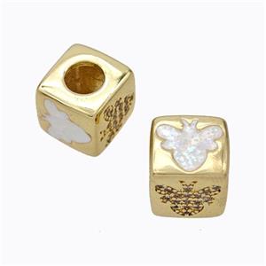 Copper Cube Beads Pave Zirconia Fire Opal Honeybee Large Hole 18K Gold Plated, approx 10x10mm, 5mm hole