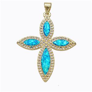 Copper Cross Pendant Micropave Zirconia Blue Fire Opal 18K Gold Plated, approx 28-33mm