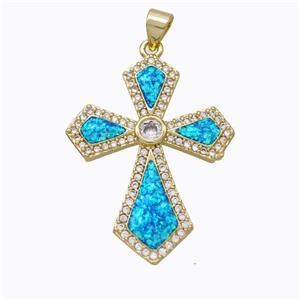 Copper Cross Pendant Micropave Zirconia Blue Fire Opal 18K Gold Plated, approx 25-33mm