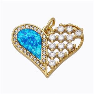 Copper Heart Pendant Micropave Zirconia Blue Fire Opal 18K Gold Plated, approx 16-21mm