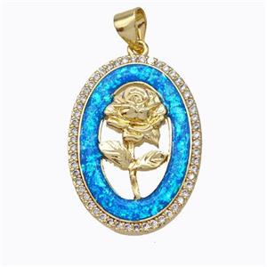 Copper Flower Pendant Micropave Zirconia Blue Fire Opal Oval 18K Gold Plated, approx 18-25mm