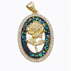 Copper Flower Pendant Micropave Zirconia Multicolor Fire Opal Oval 18K Gold Plated, approx 18-25mm