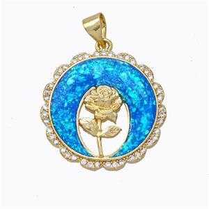 Copper Flower Pendant Micropave Zirconia Blue Fire Opal Circle 18K Gold Plated, approx 21mm