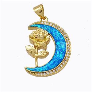 Copper Flower Pendant Micropave Zirconia Blue Fire Opal Moon 18K Gold Plated, approx 17-22mm