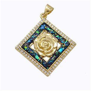 Copper Flower Pendant Micropave Zirconia Multicolor Fire Opal Square 18K Gold Plated, approx 20x20mm