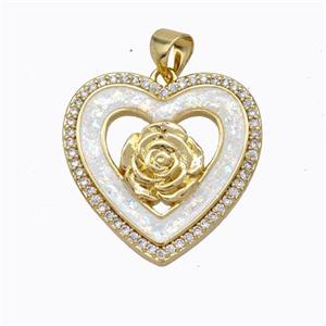 Copper Heart Pendant Micropave Zirconia White Fire Opal Flower 18K Gold Plated, approx 22mm