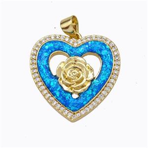 Copper Heart Pendant Micropave Zirconia Blue Fire Opal Flower 18K Gold Plated, approx 22mm